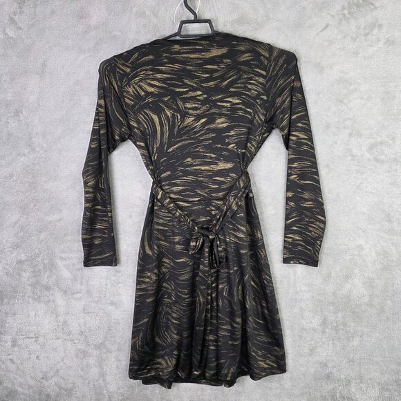 Womens Black & Gold Faux Wrap Dress Long Sleeve Tie-Back Waist Polyester Size L - Picture 3 of 6